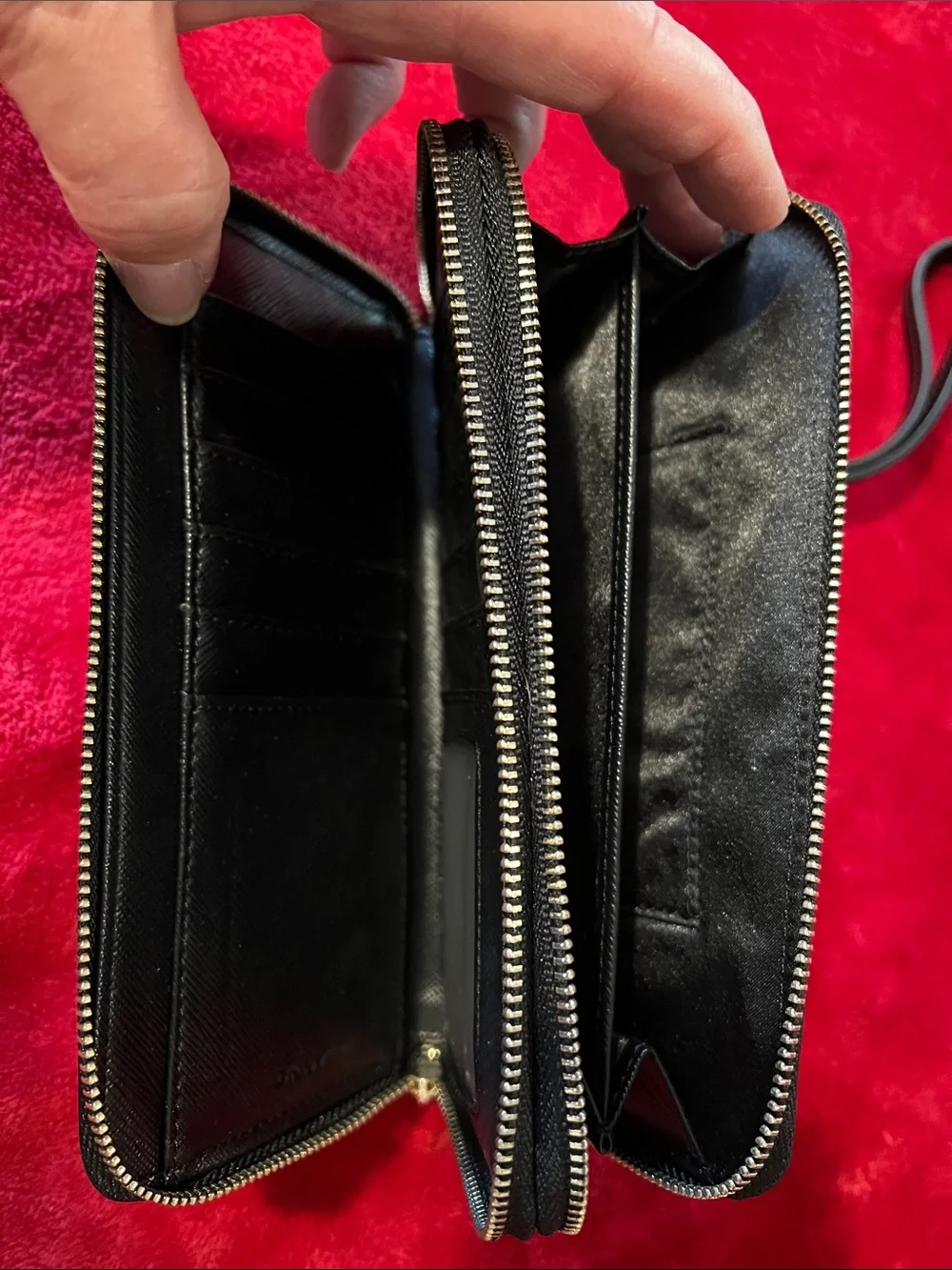 DKNY Black Leather Zip-Around Wristlet with Gold Logo Plate
